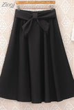 Women Preppy Style Summer Skirt Casual A-line Solid With Belt Mid-length Fashion Elegant Chic Girls Midi Skirts