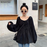Women Loose Puff Sleeve O-Neck Solid Korean Style Autumn Female Blouses Fashion Leisure All-match Streetwear Popular