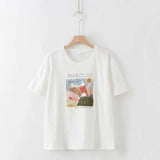 Summer Short Sleee White Cotton Tops Cartoon Printing Shirts Korean Fashion Summer Women