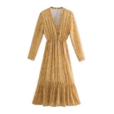 2021 spring floral printing midi dress pleated v-neck women dresses long sleeve elastic