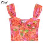New Women Sexy Floral Print Orange Mesh Smock Blouse Female Corset Style Crop Pullover Shirt Chic Short BlusasTops