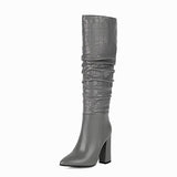 New Autumn Winter Zebra Print Women Boots Fashion Pleated Square High Heel Knee High Boots Ladies Slip On Pointed Toe