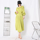 Romantic Green Pleated Dress Spring 2025 New Round Collar Long Sleeve Waist Show Thin Flounces