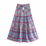 Queens Hippie Women Floral Print Beach Bohemian Pleated Skirt Ladies High Elastic Waist A-Line Rayon Boho Maxi