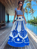 Women Two Pieces Beachwear Elegant Ruffles Sleeve Beach Dresses Leaf Print White Long Dress High Waist Bodycon