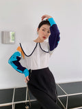 Spring 2022 Womens Fashion White Sailor Collar Shirt Aestheic Patchwork Knitted Long Sleeve Designer Top Korean
