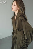 Autumn Long Flowy Dark Green Trench Coat for Women Belt Single Breasted Luxury Designer Women Clothing 2023 New
