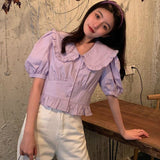Women Short Solid Peter Pan Collar Puff Sleeve Kawaii Sweet Slim French Style Fashion Designer Student Daily Summer