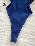 American Vintage Denim Bodysuits Spaghetti Strap Skinny Women Playsuits Fashion Streetwear Slim Sexy Zipper