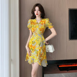Style French Retro Floral Snowy Dress Women's Summer New Sanya Beach Irregular