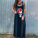 Sleeveless Halter Neck Shirt Long Dress Vintage Gothic Skull Print Black Dress 2021 Summer Oversized Cotton Long