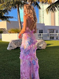Zingj V Neck Colorful Ruffles Sling Dress Women Backless Sleeveless Slim Floor Length Robes 2024 Lady Beach Holiday Vestidos 211-1-Outfit