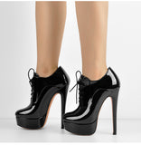 Onlymaker Women's Black Red Platform Ankle Boots High Heels Lace Up Patent leather Stiletto Sexy Lady Fashion Sexy