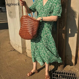 Women Korea Chic Summer Dress Printed Flower V-neck Dress for Women Casual High Waist Mid Length Dress Vestido