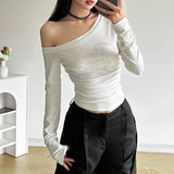 2025 New Women's Clothing Sexy Hot Girl Slanted Shoulder Hot Diamond Body Slim Thin Irregular Top