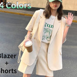 Women Sets 2 Pieces Streetwear Cool College S-4XL Chic Short Sleeve Loose Blazers High-waist Wide-leg Shorts Korean Style