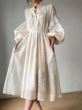 Vintage Embroidery Midi Dresses for Women 2023 Elegant Evening Party V-Neck Lantern Sleeve Loose Casual Female