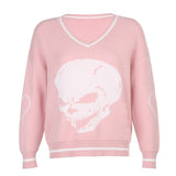Autumn Winter Print V Neck Knitted Jumpers Casual Long Sleeve Harajuku Sweater Women Streetwear Pullover Female