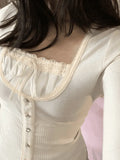 Fleece Bow-Neck Ribbed Lace Blouse- Outfit