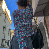 Women Retro Floral Ruched Korean Style Long Sleeve Basic Streetwear Ins Leisure Fashion Girls Vintage New Arrival