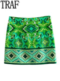 2023 Green Mini Skirts For Women High Waist Skirt Woman Vintage Print Short Skirts Woman Fashion Boho Summer Beach