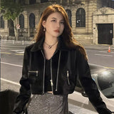 Cropped Leather Jacket Women Streetwear Moto Biker Zipper Leather Jacket Punk Winter Irregular Faux Fur Aviator Coat