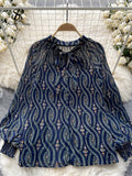 Korean Print Chiffon Shirt Bow Neck Long Sleeves Loose Leopard Top Casual Paisley Vintage Floral Blouse Spring