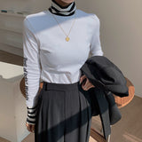 Winter Fleece Plus Size T Shirt Women Turtleneck Long Sleeve Top Striped Korean Fashion Tshirt White Black Tee
