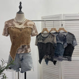 Real Shooting Of The Edge Of The Denim Splicing Tie Dye Mesh Repair Irregular Two Short-Sleeved Top T-Shirt