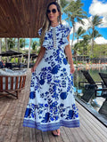 New Blue Floral Print White Dresses Women Lace Hollow Out Long Dress Holiady Summer Bodycon Robe Elegant Ruffles