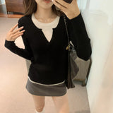 Ins Color Splicing Fake Two Long-Sleeved Tops Women's New Minority Autumn And Winter Knitted Bottomed