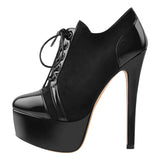 Onlymaker Women's Black Red Platform Ankle Boots High Heels Lace Up Patent leather Stiletto Sexy Lady Fashion Sexy