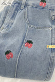 High Waist Women Strawberry Embroidery Jeans Casual Fashion Streetwear Wide Leg Denim Trouser Straight Baggy Denim