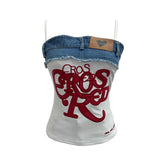 Design-Sensitive Edge Denim Spliced Letter Embroidered Sling Sling Vest T-Girls Short Top