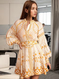 Fashion Temperament Casual Lantern Sleeve Skirt 2025 Summer New Design Printing Waist Short Dress Dress