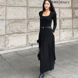 Spirng New Elegant Long Sleeve Black Long Dress With Belt Women Party Fashion Lady One Piece Slim