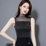 Lurex Lace Transparent Mesh Casual Summer Women Tank Tops 2021 Solid Color Sleeveless Shirt Camisole Female Slim