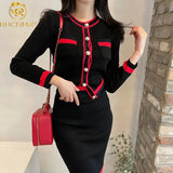 Autumn Women Fashion Designer Skirt Set Long Sleeve Pockets Tops + High Waist Knee Skirt Knitting 2 Two Pieces