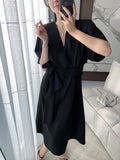 New Women Short Sleeve Office Lady Elegant Vestidos Femme Clothes Midi Slim Solid Lace Up
