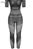 See Through Hollow Jumpsuit Women Stockings Short Sleeve Sexy Skinny Stretch Workouts Midnight Party Clubwear