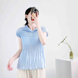 Folded Summer New High-End Pure Color Temperament Elegant Collar Short Sleeve Blouse Hand Folding