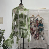Spice Girls Inclined Shoulder Horn Long-Sleeved T-Shirt Around The Neck With Flowers Lotus Leaf-Lace Mesh Yarn Women