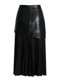 Korean Version Style 2025 Summer New Mid-Waist Pu Leather Stitching Pleated Contrast Color Women's Zipper Door Skirt Skirt