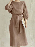 Women Cotton Linen Loose Dresses Spring New Lantern Sleeve Solid Midi Maxi Dress Casual O Neck Belt Waist Shirt