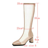 Summer Women Boots Patent Leather Knee High Booots Sexy Hollow Breathable Mesh Boots Fashion Zipper Thick High Heel