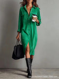 Women's Elegant Workwear Style Pocket Button Velvet Shirt Dress