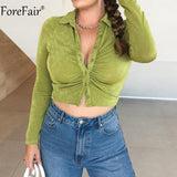 2022 Blue Sexy Women Crop Top Y2k V Neck Casual Ruched Long Sleeve Summer Green T Shirt Fashion Female Tee