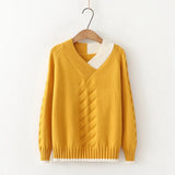 Autumn Winter Knitted Pullover Sweater Women Long Sleeve Spliced V Neck Sweater Pink White Blue Red