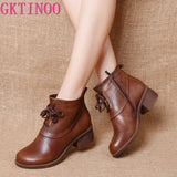 Genuine Leather Ankle Boots Retro Women Shoes 2021 New Autumn Winter Round Toe Square Heel Zip Cross-tied Women