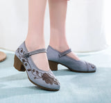 Zingj Heel High Heels Single Shoes Ethnic Style Embroidered Cloth Shoes Retro One Word With Thick Heel Solid Color Women's